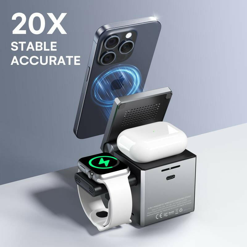 ZEEHOO 3In1 Wireless Charger Magcube, 15W Fast Charging for Iphone 15 Pro 14 13 12 Max/Mini/Plus,For Apple Watch9 8 7 6 5 4 3 2 SE, for Airpods Pro 3 2, Compact & Portable Wireless Charging Station, Fits with Qi2 Wireless Charging Smartphone & Earbuds.