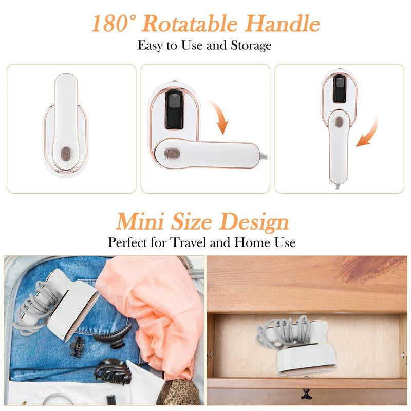 Mini Steam Iron, Travel Steamer for Clothes, Portable Handheld Steamer Support Dry and Wet Ironing 180° Rotatable Small Iron for Home and Travel