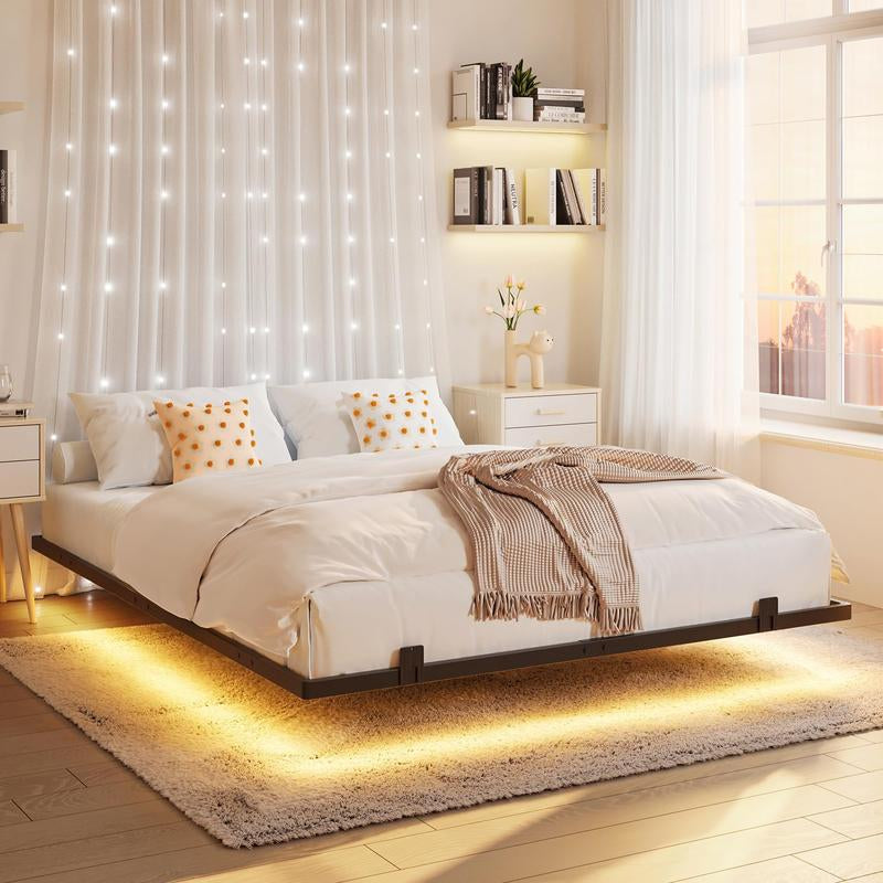 Modern Floating Bed Frame with RGB LED Lighting and USB Charging Ports, Available in Twin, Full, and Queen Sizes, Metal and Linen Upholstered Platform, No Box Spring Needed, Noise-Free Design, Easy Assembly