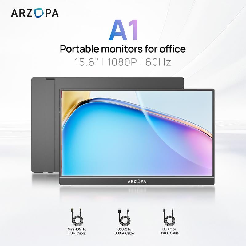 ARZOPA Portable Monitor 15.6'' 1080P 60Hz FHD Laptop Monitor USB C HDMI Computer Display HDR Eye Care External Screen for PC Mac Phone Xbox Switch PS5