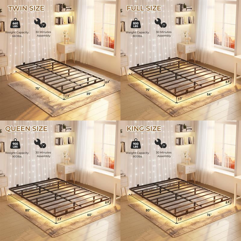 Modern Floating Bed Frame with RGB LED Lighting and USB Charging Ports, Available in Twin, Full, and Queen Sizes, Metal and Linen Upholstered Platform, No Box Spring Needed, Noise-Free Design, Easy Assembly