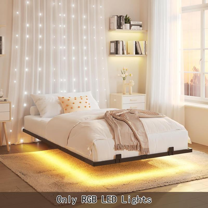 Modern Floating Bed Frame with RGB LED Lighting and USB Charging Ports, Available in Twin, Full, and Queen Sizes, Metal and Linen Upholstered Platform, No Box Spring Needed, Noise-Free Design, Easy Assembly