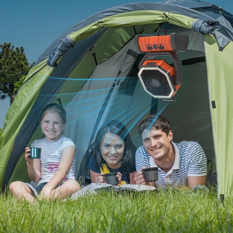 Camping Fan - Battery Powered Fan Rechargeable with LED Lantern - Portable Outdoor Tent Fan with Hanging Hook 4 Speeds Wind Remote Control