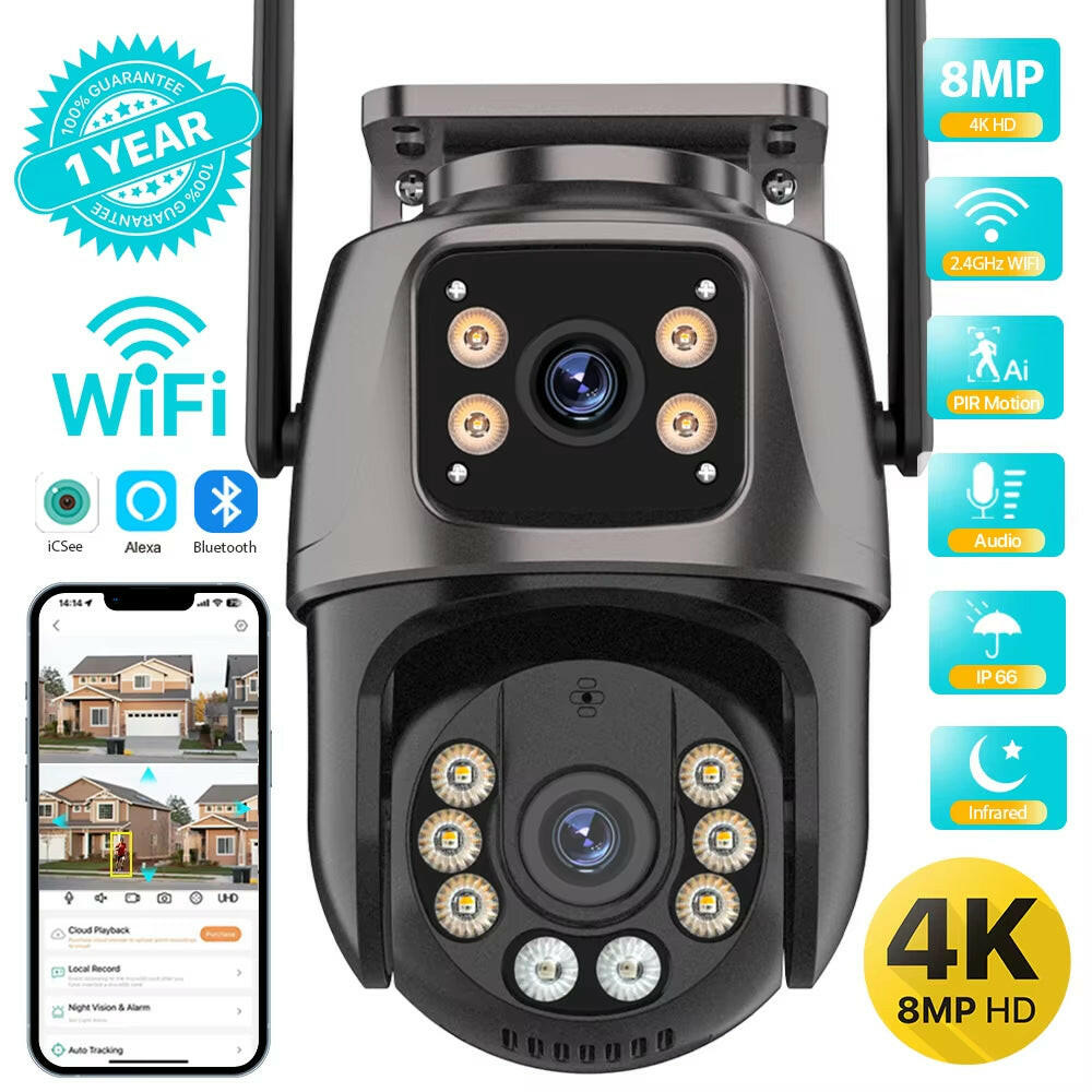 4K 8MP HD Wifi PTZ Camera Outdoor 4MP Dual Lens Dual Screen AI Auto Tracking IP Camera CCTV Audio Video Surveillance P2P Icsee.