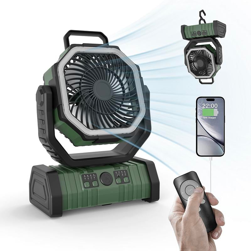 Camping Fan - Battery Powered Fan Rechargeable with LED Lantern - Portable Outdoor Tent Fan with Hanging Hook 4 Speeds Wind Remote Control