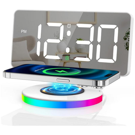 【Goloza】Digital Alarm Clock with Wireless Charging, Mirrored LED Clock for Bedroom Decor with 5 Brightness+Off, USB Charger, Progressive Volume, Dimmable Light Alarm Clock for Home, Bedroom Office Decor Set Colorful Rgb Traditional