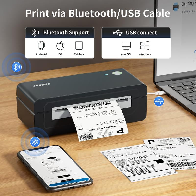 JADENS Bluetooth Shipping Label Printer -4X6 Inch Thermal Piinter Compatible with Ios, Android, PC, Mac, Etsy, Ebay, Shopify, USPS