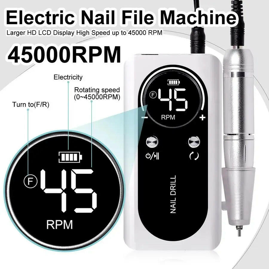 Professional 45000RPM Electric Portable Nail Drill Machine Rechargeable Low Noise Nail Sander File for Manicure Salon Tool.