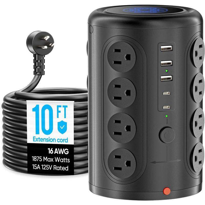 Power Strip Tower with 16 Outlets 5 USB Ports (2 USB C), Acozvin Surge Protector with 6 FT Extension Cord, 1875W Multi Outlet Tower Charging Station for Home Office Desk Essentials