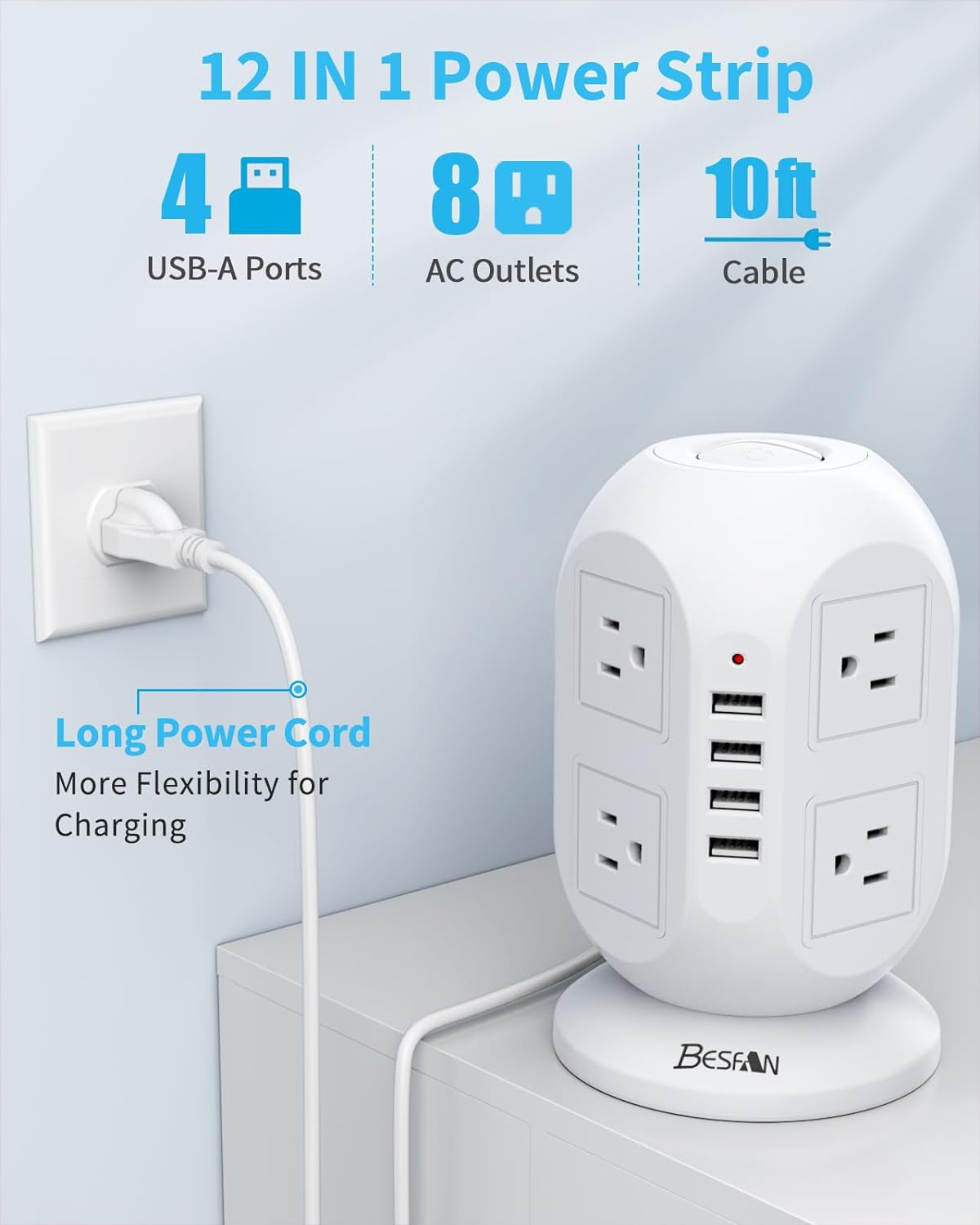 Tower Surge Protector Power Strip,  10 Ft Extension Cord with Multiple Outlets, 1050J Surge Protector, 8 Outlets 4 USB Ports Charging Station for Home Office Supplies Desk Accessories.