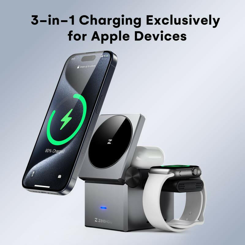 ZEEHOO 3In1 Wireless Charger Magcube, 15W Fast Charging for Iphone 15 Pro 14 13 12 Max/Mini/Plus,For Apple Watch9 8 7 6 5 4 3 2 SE, for Airpods Pro 3 2, Compact & Portable Wireless Charging Station, Fits with Qi2 Wireless Charging Smartphone & Earbuds.