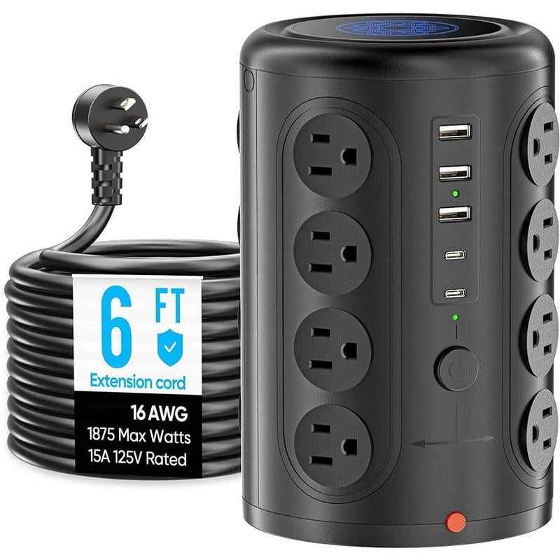 Power Strip Tower with 16 Outlets 5 USB Ports (2 USB C), Acozvin Surge Protector with 6 FT Extension Cord, 1875W Multi Outlet Tower Charging Station for Home Office Desk Essentials