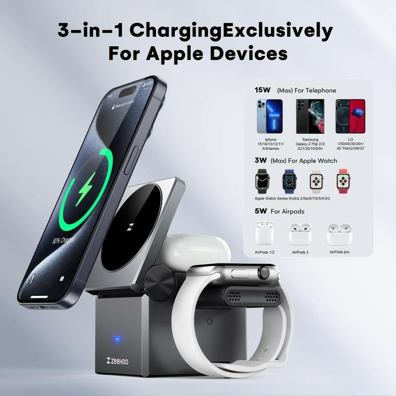 ZEEHOO 3In1 Wireless Charger Magcube, 15W Fast Charging for Iphone 15 Pro 14 13 12 Max/Mini/Plus,For Apple Watch9 8 7 6 5 4 3 2 SE, for Airpods Pro 3 2, Compact & Portable Wireless Charging Station, Fits with Qi2 Wireless Charging Smartphone & Earbuds.