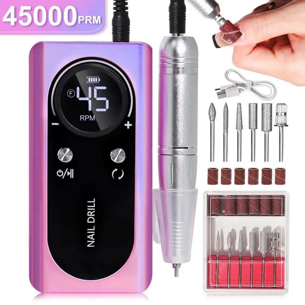 Professional 45000RPM Electric Portable Nail Drill Machine Rechargeable Low Noise Nail Sander File for Manicure Salon Tool.