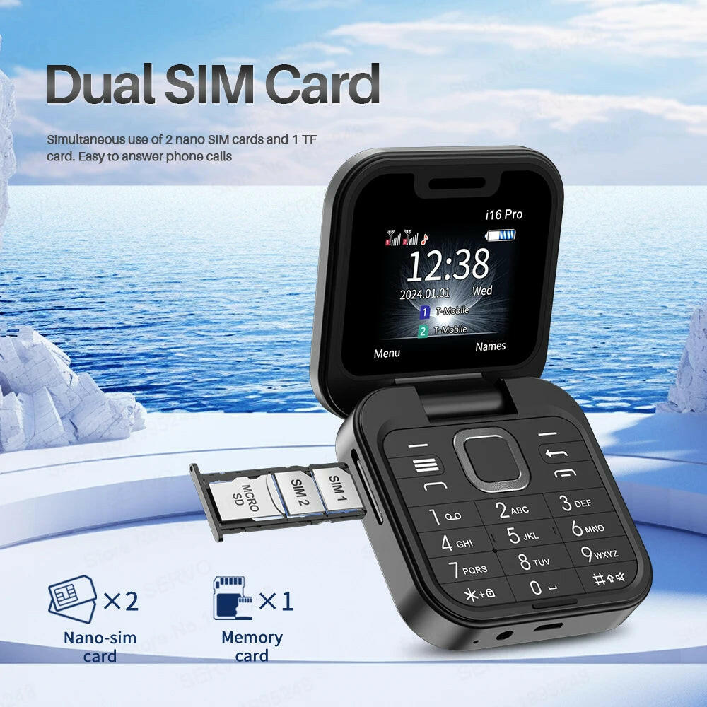 I16Pro Small Foldable Mobile Phone Auto Call Record Speed Dial FM Radio Mini Flip Telephones 2 Card GSM Unlocked Cellphone.