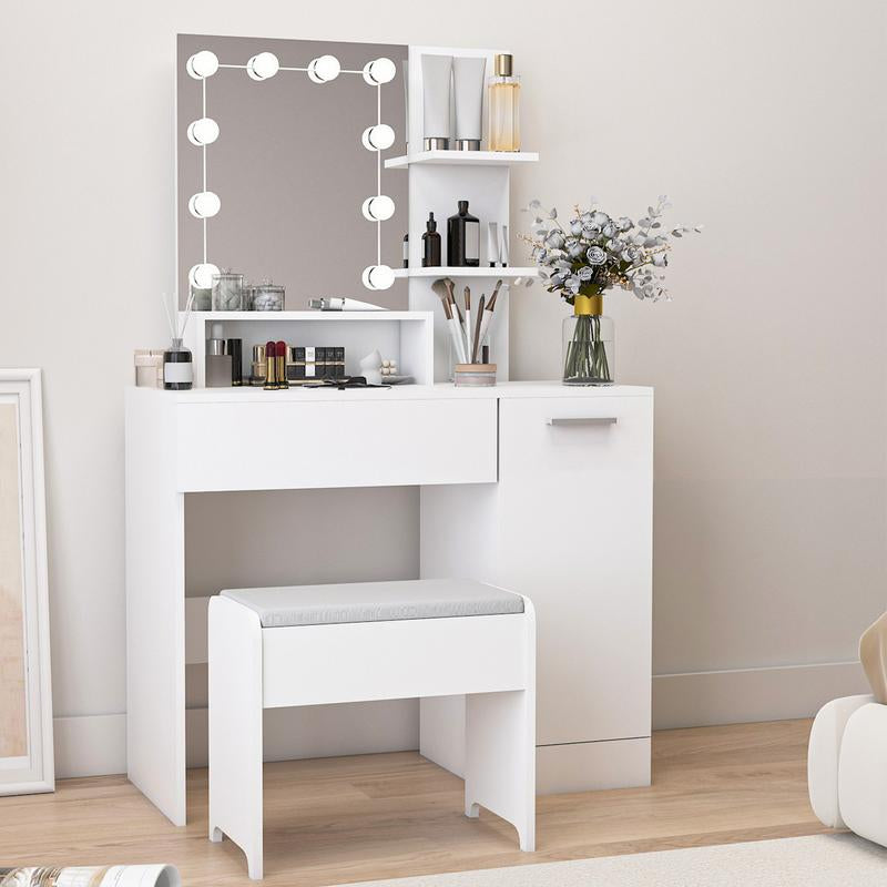 Makeup Vanity Table Set with Drawer and Storage Cabinet with Open Door,10 LED Lights Dressing Table with Vanity Cushioned Stool for Bedroom, Makeup Room