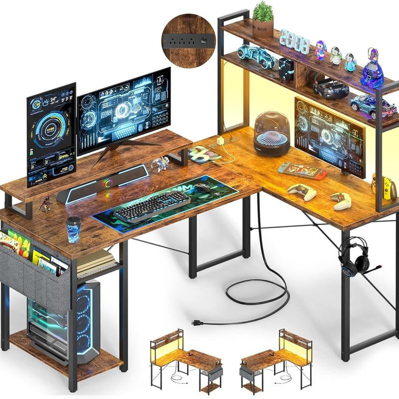 L Shaped Gaming and Computer Working Desk ,Multi-Functional Gaming PC with Power Outlets Mesa Gamer Cyber One