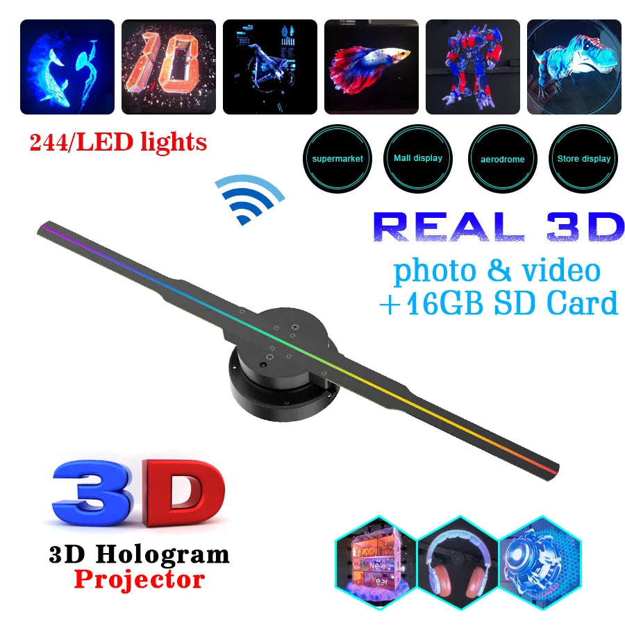 Led Luminous Sign Light Holographic Projector Diy Fan Screen Video Picture 3D Holographic Light Holiday Decoration.