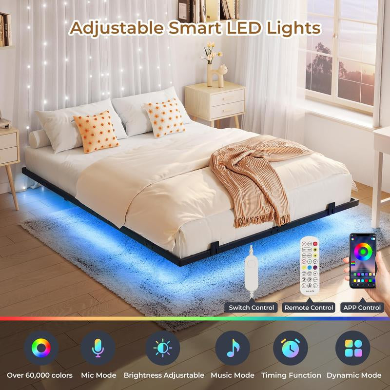 Modern Floating Bed Frame with RGB LED Lighting and USB Charging Ports, Available in Twin, Full, and Queen Sizes, Metal and Linen Upholstered Platform, No Box Spring Needed, Noise-Free Design, Easy Assembly