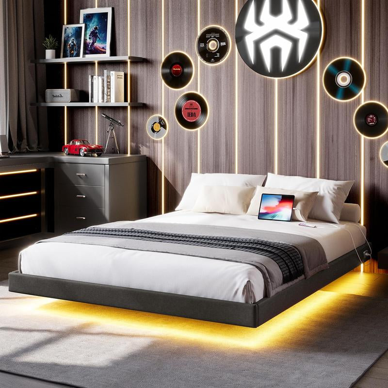 Modern Floating Bed Frame with RGB LED Lighting and USB Charging Ports, Available in Twin, Full, and Queen Sizes, Metal and Linen Upholstered Platform, No Box Spring Needed, Noise-Free Design, Easy Assembly