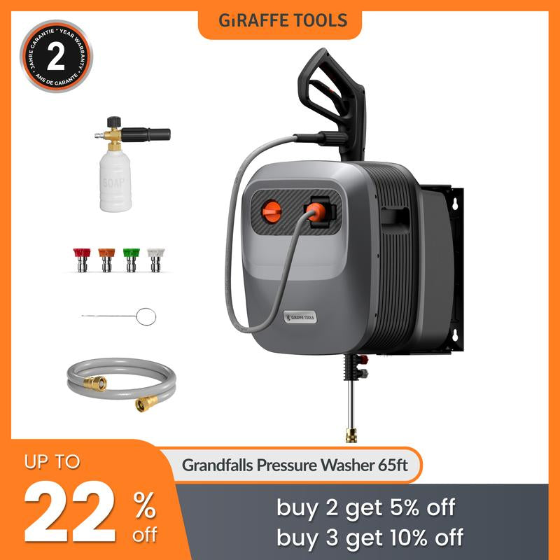 Giraffe Tools Grandfalls Pressure Washer G20 Pro 2400 PSI 2.0 GPM with 65FT Hose Reel, 4 Nozzles for Floor, Cars, Patios & More