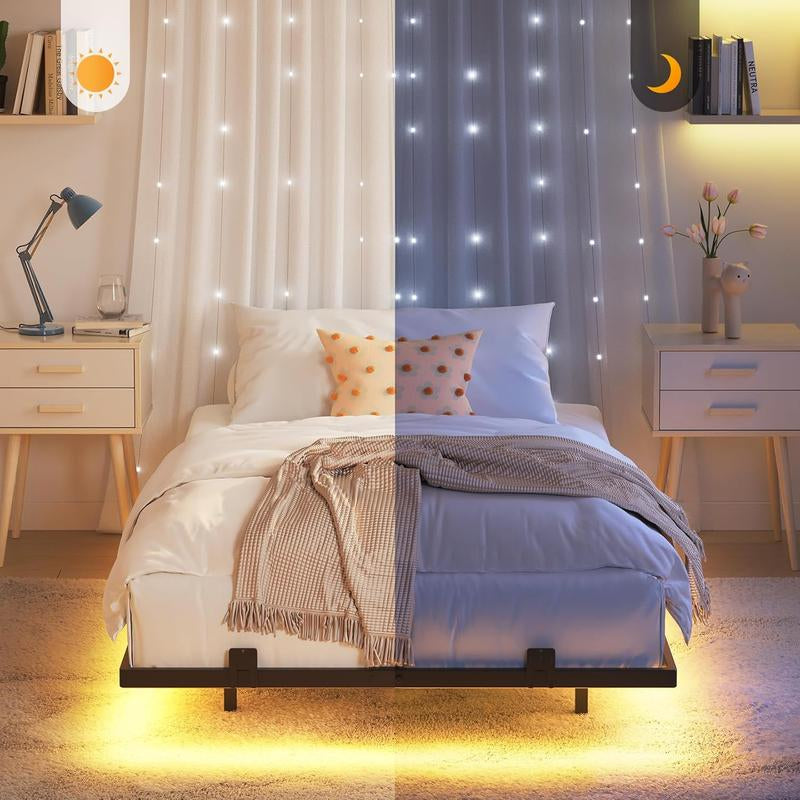 Modern Floating Bed Frame with RGB LED Lighting and USB Charging Ports, Available in Twin, Full, and Queen Sizes, Metal and Linen Upholstered Platform, No Box Spring Needed, Noise-Free Design, Easy Assembly