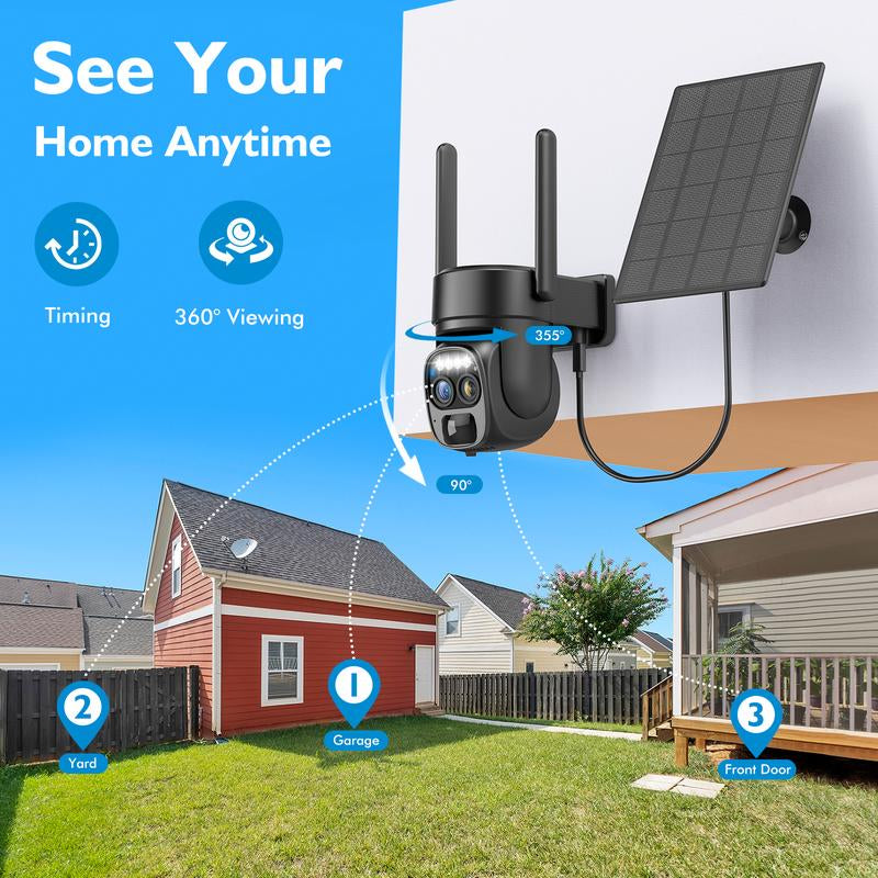 Solar Security Wireless Outdoor Camera,10X Zoom,2K Resolution 360° Pan Tilt Control,Wifi Battery Powered Camera with Spotlight Siren PIR Motion Detection