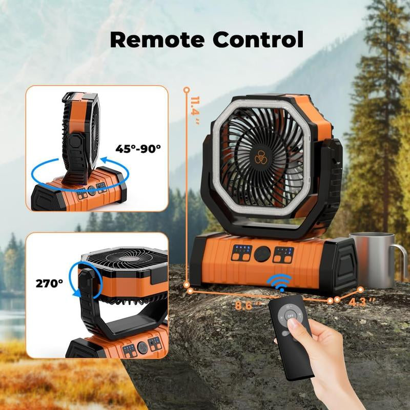 Camping Fan - Battery Powered Fan Rechargeable with LED Lantern - Portable Outdoor Tent Fan with Hanging Hook 4 Speeds Wind Remote Control