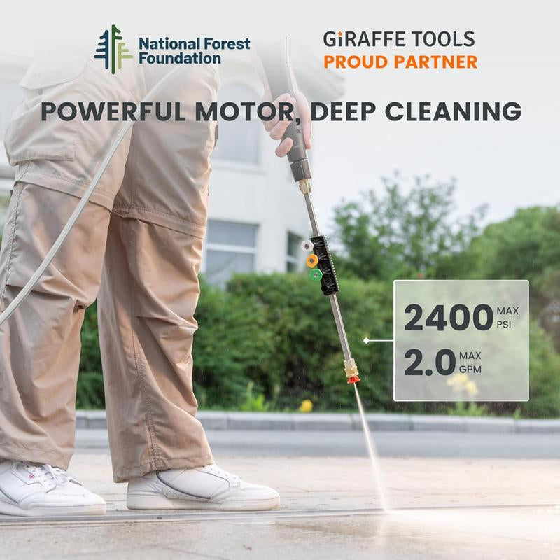 Giraffe Tools Grandfalls Pressure Washer G20 Pro 2400 PSI 2.0 GPM with 65FT Hose Reel, 4 Nozzles for Floor, Cars, Patios & More