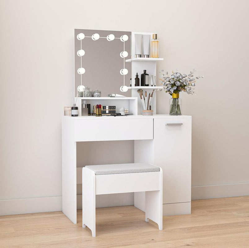 Makeup Vanity Table Set with Drawer and Storage Cabinet with Open Door,10 LED Lights Dressing Table with Vanity Cushioned Stool for Bedroom, Makeup Room