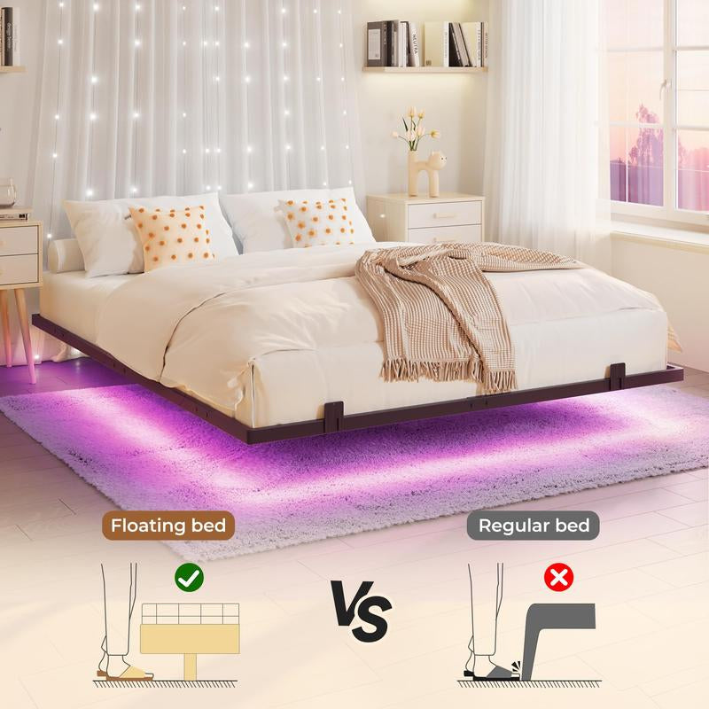 Modern Floating Bed Frame with RGB LED Lighting and USB Charging Ports, Available in Twin, Full, and Queen Sizes, Metal and Linen Upholstered Platform, No Box Spring Needed, Noise-Free Design, Easy Assembly