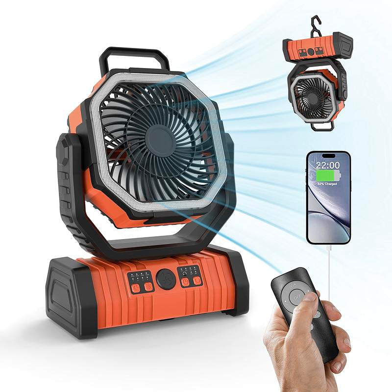 Camping Fan - Battery Powered Fan Rechargeable with LED Lantern - Portable Outdoor Tent Fan with Hanging Hook 4 Speeds Wind Remote Control