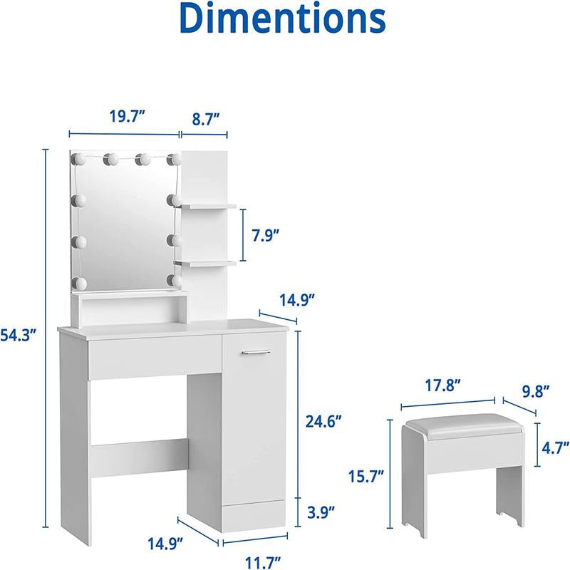 Makeup Vanity Table Set with Drawer and Storage Cabinet with Open Door,10 LED Lights Dressing Table with Vanity Cushioned Stool for Bedroom, Makeup Room