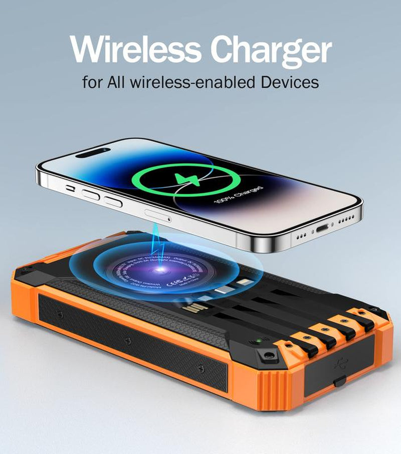 W22OR Power Bank Wireless Charger 36000Mah Built in 4 Cables Six Outputs 15W Fast Charging Power Bank for All Mobile Devices Three Inputs Solar Portable Charger with Dual Flashlights, Carabiner