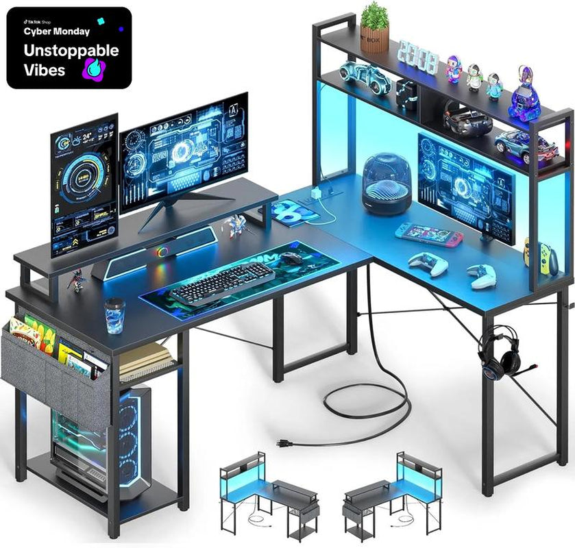 L Shaped Gaming and Computer Working Desk ,Multi-Functional Gaming PC with Power Outlets Mesa Gamer Cyber One