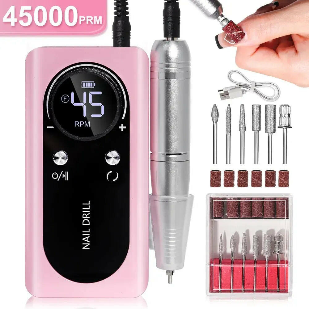 Professional 45000RPM Electric Portable Nail Drill Machine Rechargeable Low Noise Nail Sander File for Manicure Salon Tool.