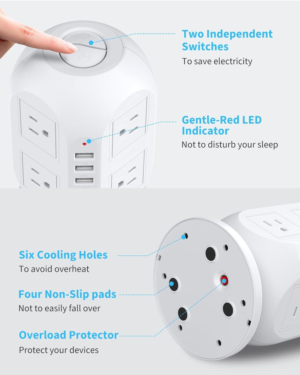 Tower Surge Protector Power Strip,  10 Ft Extension Cord with Multiple Outlets, 1050J Surge Protector, 8 Outlets 4 USB Ports Charging Station for Home Office Supplies Desk Accessories.