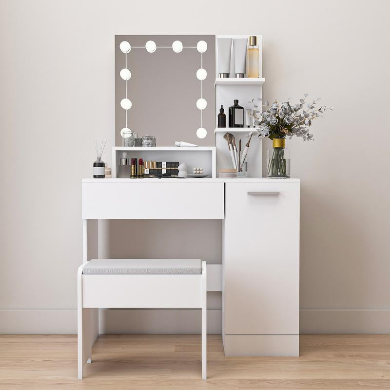 Makeup Vanity Table Set with Drawer and Storage Cabinet with Open Door,10 LED Lights Dressing Table with Vanity Cushioned Stool for Bedroom, Makeup Room